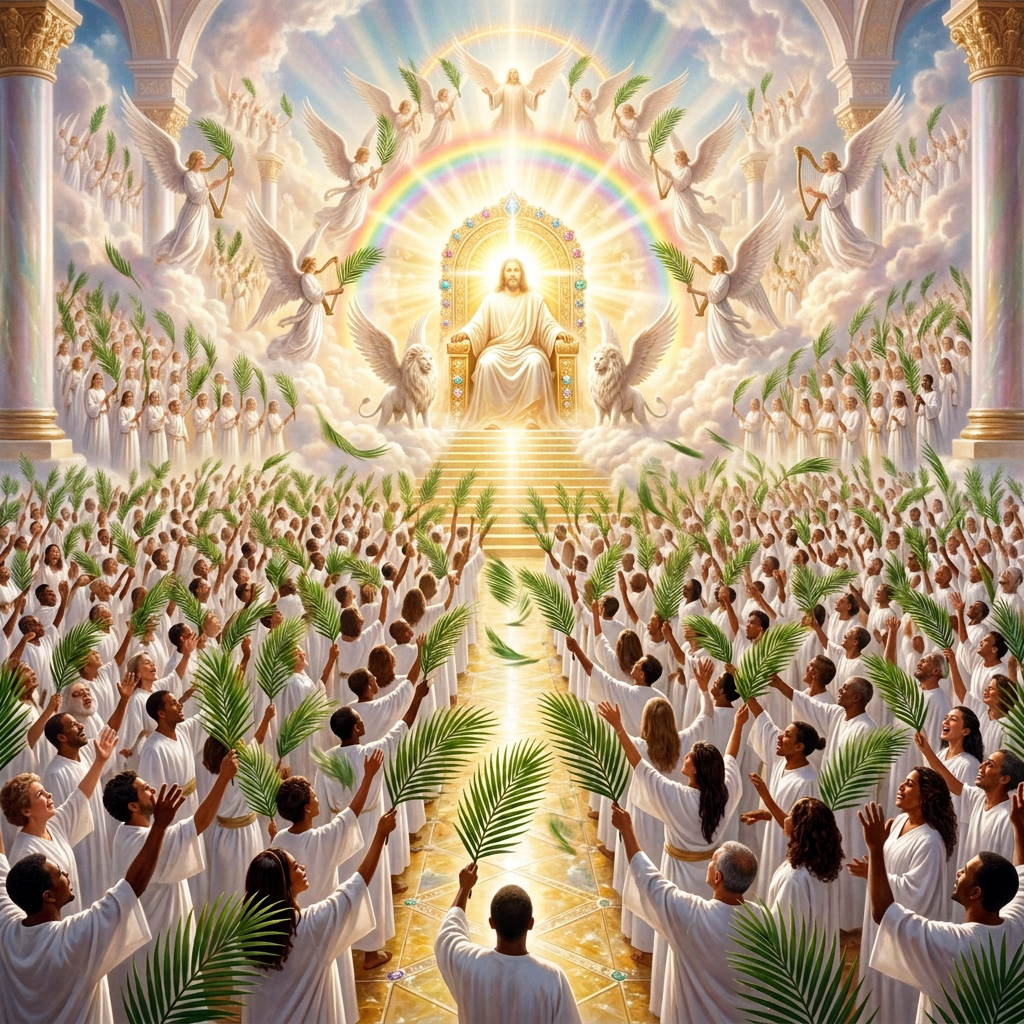 Multitude in white robes raising palm branches before a heavenly throne